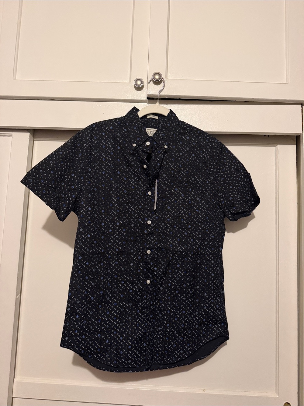 J. Crew Navy Short-Sleeve Button-Down with Small Geometric Print